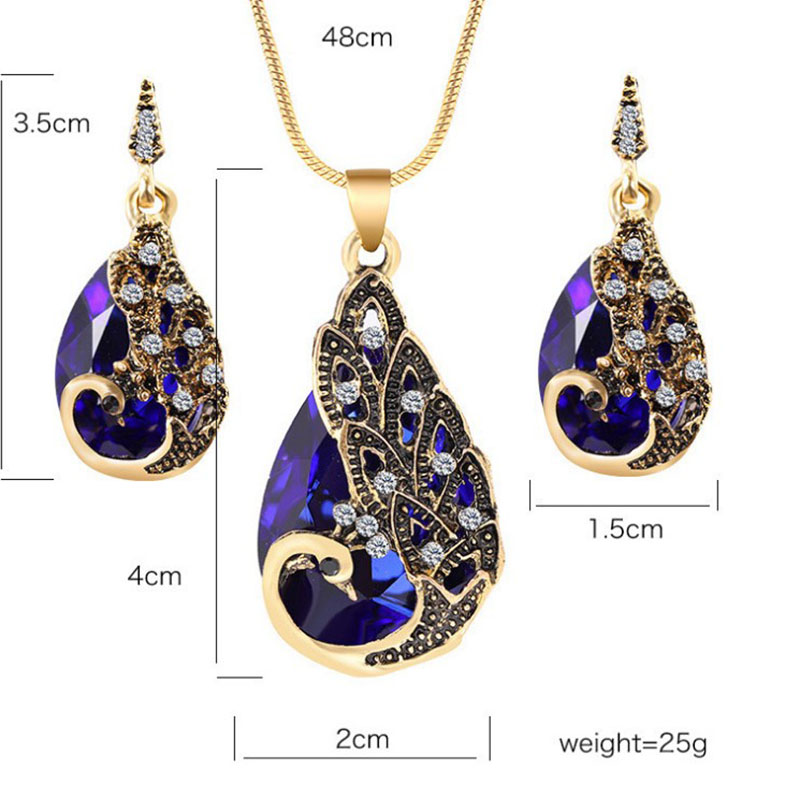 Retro Style Crystal Water Drop Shape Peacock Pendant Necklace Earring Suit display picture 1