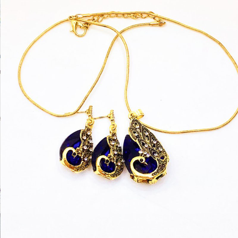 Retro Style Crystal Water Drop Shape Peacock Pendant Necklace Earring Suit display picture 5