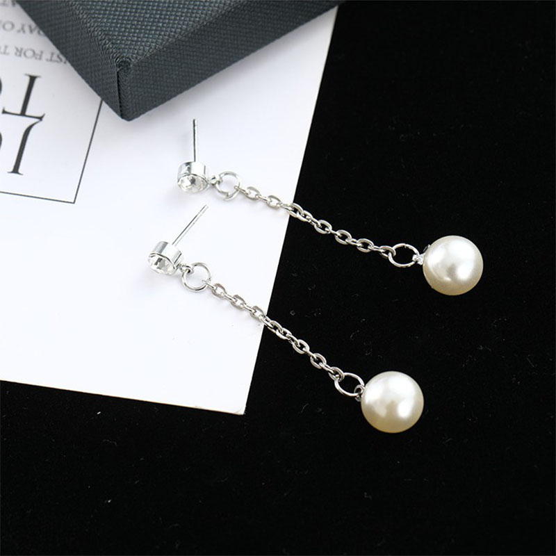 Simple Long Rhinestone Pearl Tassel Pendant Alloy Earrings display picture 3