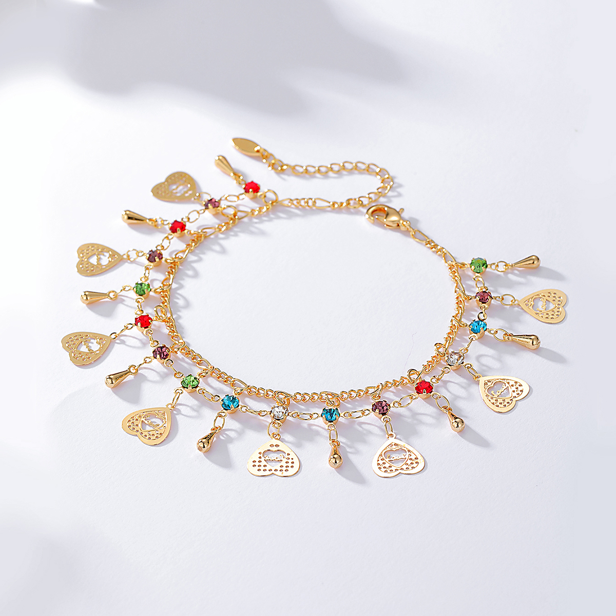 Fashion New Copper 18k Gold Colorful Heart-shaped Zircon Pendant Double-circle Anklet display picture 3