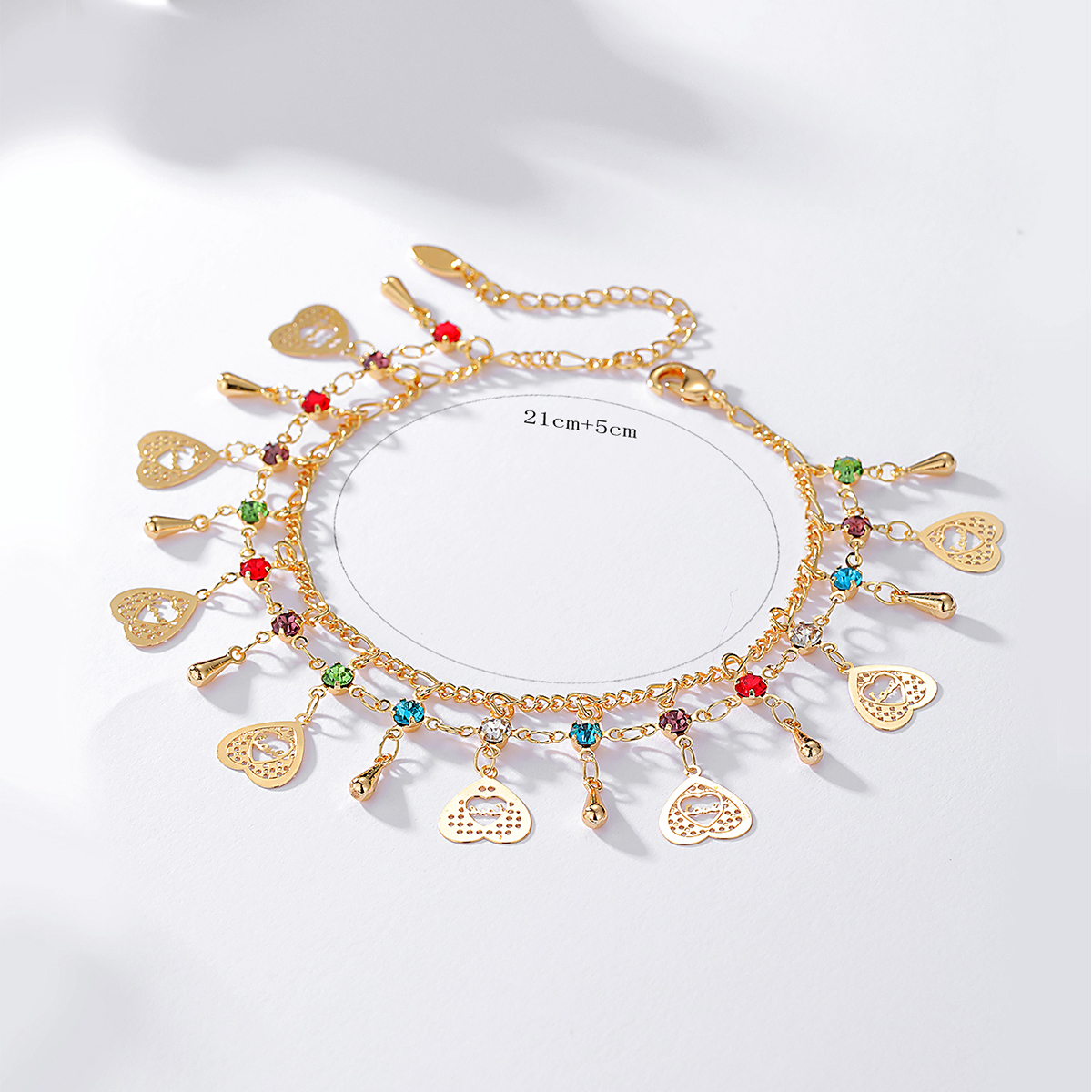 Fashion New Copper 18k Gold Colorful Heart-shaped Zircon Pendant Double-circle Anklet display picture 4