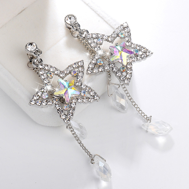 Fashion Simple Shining Rhinestone Crystal Water Drop Tassel Star Stud Earrings display picture 2