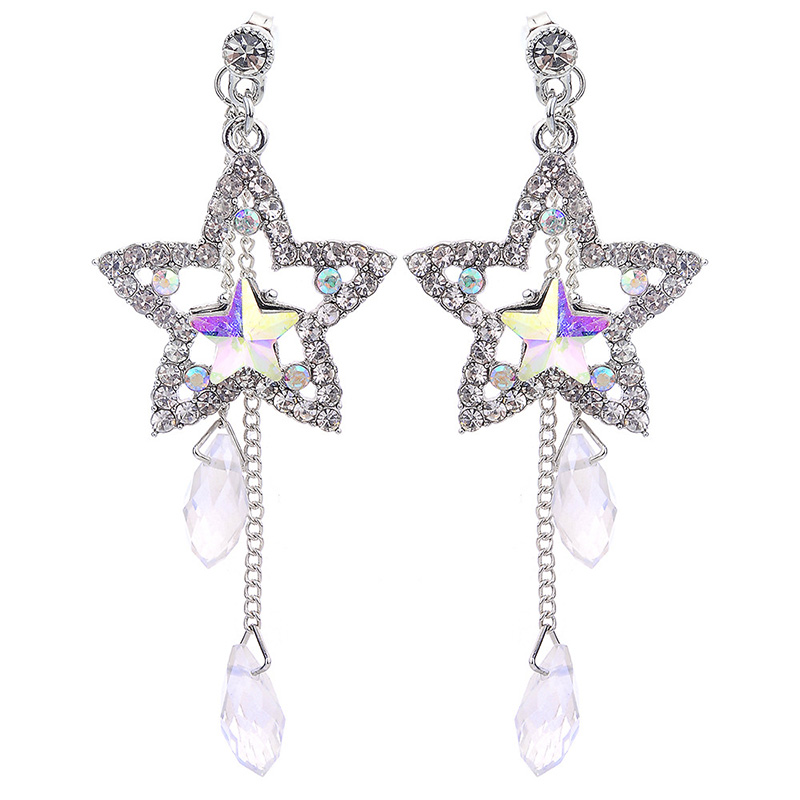 Fashion Simple Shining Rhinestone Crystal Water Drop Tassel Star Stud Earrings display picture 5