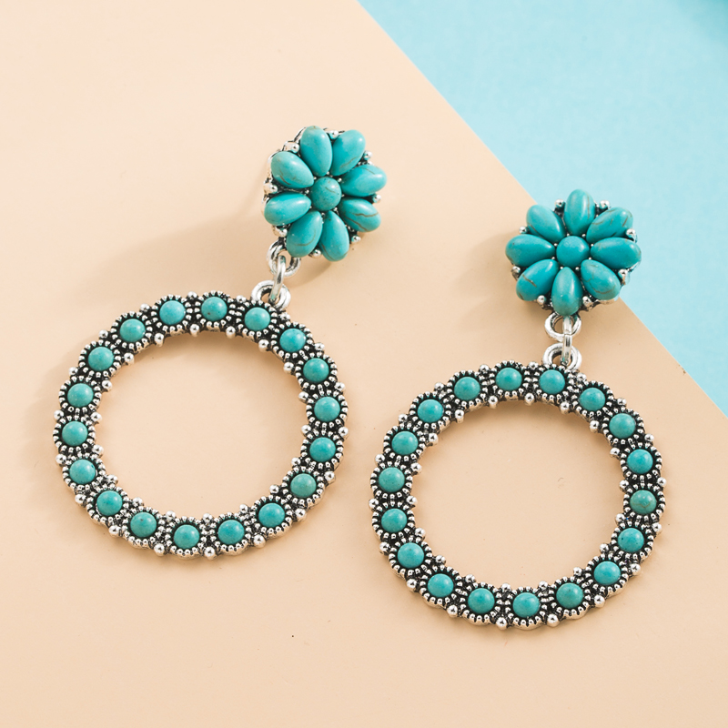 Women's Vintage Style Fashion Geometric Alloy Earrings Inlaid Turquoise Alloy Turquoise Hoop Earrings display picture 4