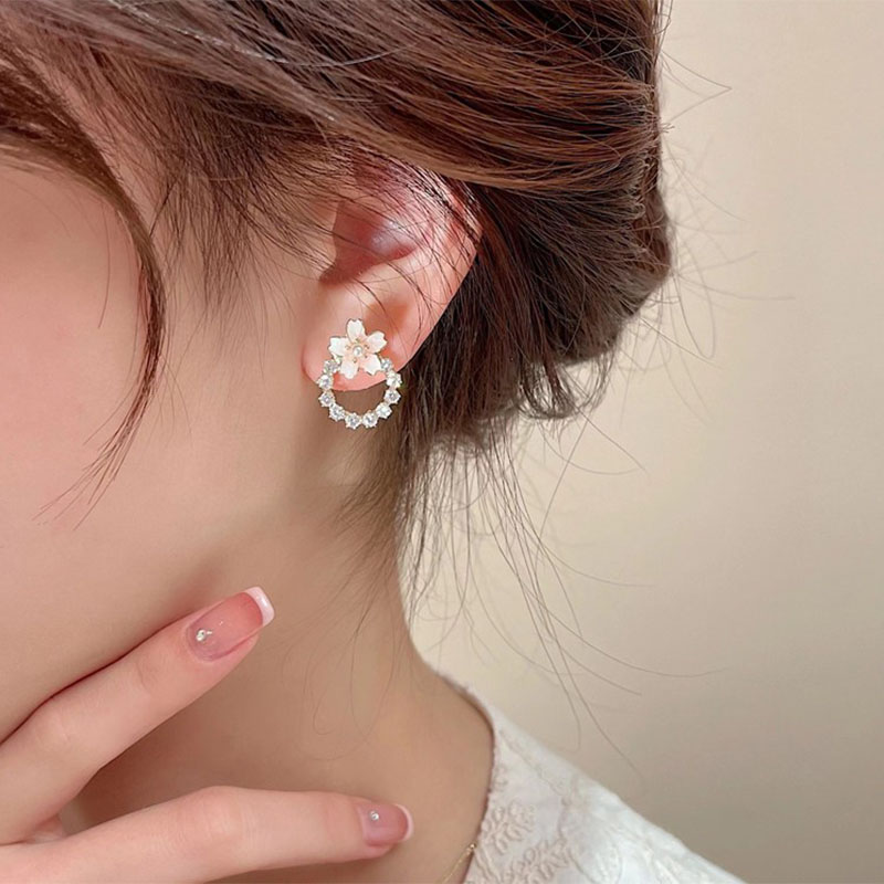 Fashion Pink Cherry Blossom Flower Summer Pearl Circle Alloy Ear Studs display picture 5