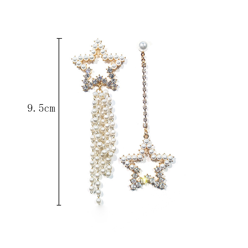 Fashion Simple Rhinestone Pearl Tassel Asymmetric Star Stud Earrings display picture 1