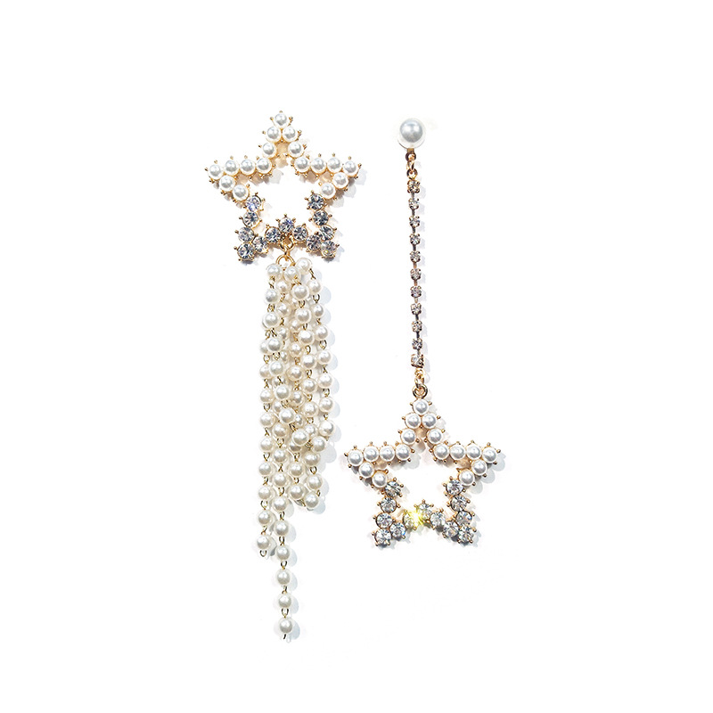 Fashion Simple Rhinestone Pearl Tassel Asymmetric Star Stud Earrings display picture 2