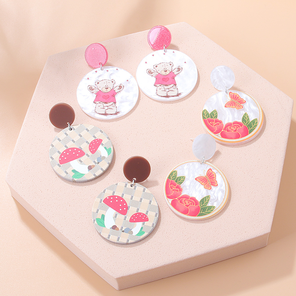 Fashion New Cartoon Embossed Bear Butterfly Flower Mushroom Acrylic Earrings display picture 2