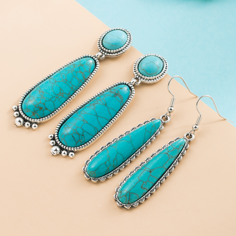 Retro Style Long Water Drop Pendant Turquoise Alloy Earrings display picture 2
