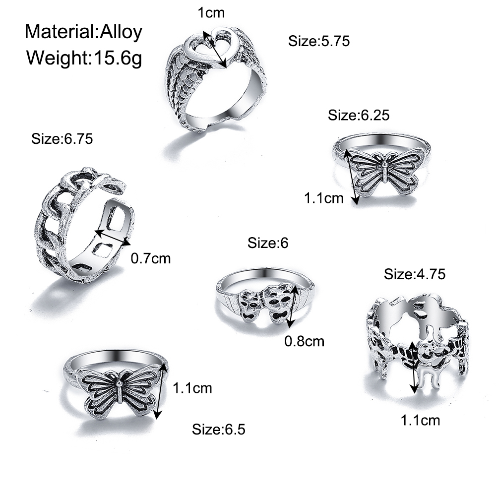 Women's Creative Peach Heart Butterfly Antique Silver Knuckle Ring Six-piece Set display picture 1