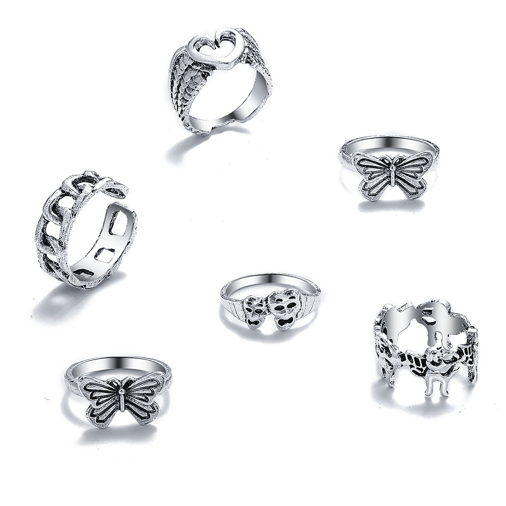 Women's Creative Peach Heart Butterfly Antique Silver Knuckle Ring Six-piece Set display picture 2