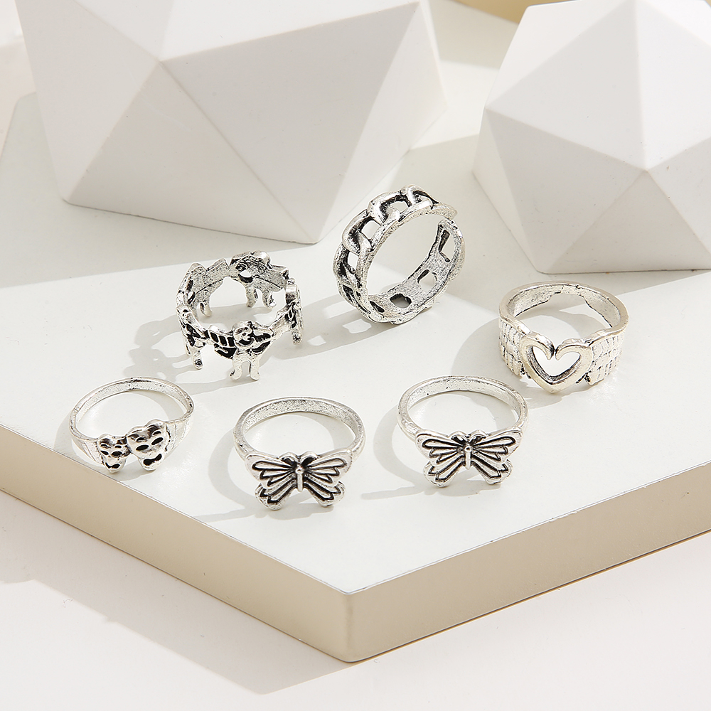 Women's Creative Peach Heart Butterfly Antique Silver Knuckle Ring Six-piece Set display picture 3