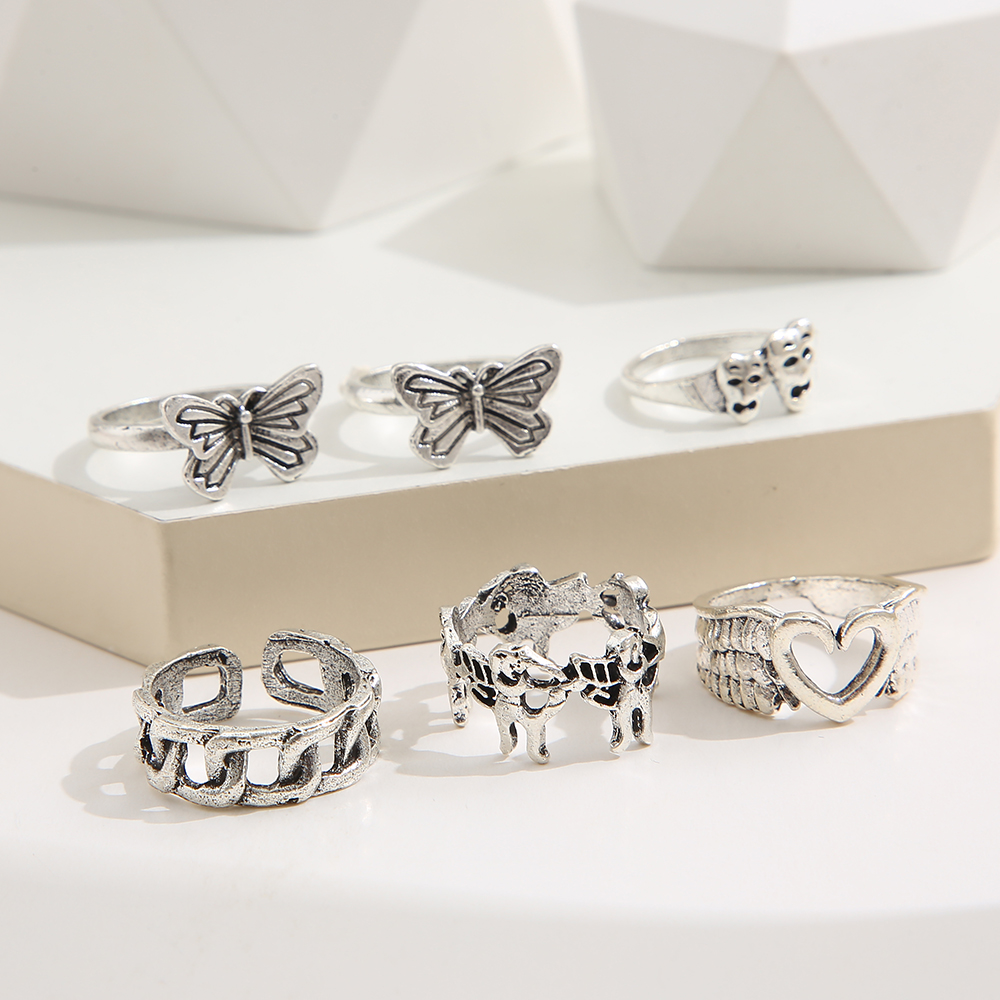 Women's Creative Peach Heart Butterfly Antique Silver Knuckle Ring Six-piece Set display picture 4