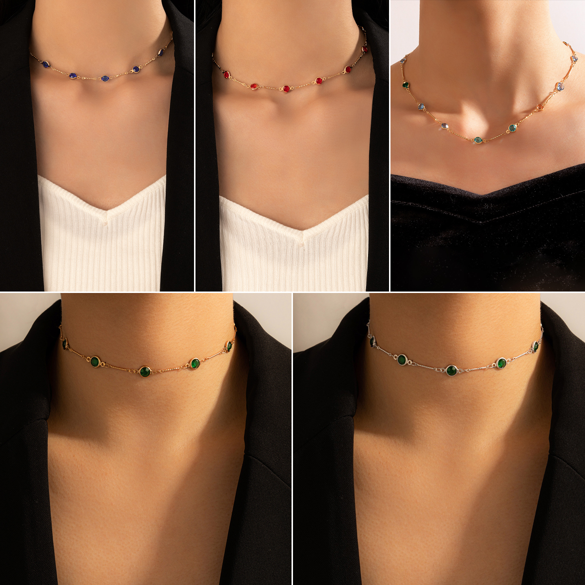 Nueva Joyería De Moda Simple Collar De Una Sola Capa De Aleación De Diamantes De Imitación Verde display picture 1