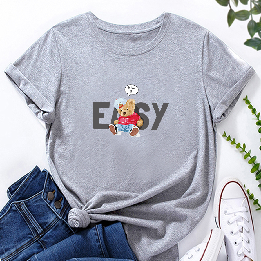 Summer Round Neck Short Sleeves Fashion Bear Printing Loose-fitting Casual T-shirt display picture 3
