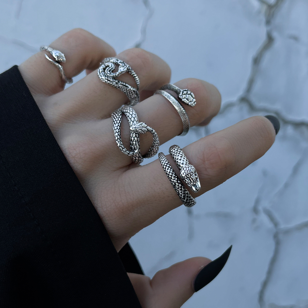 Fashion Geometric Snake-shaped Vintage Silver Ring 5-piece Set display picture 1