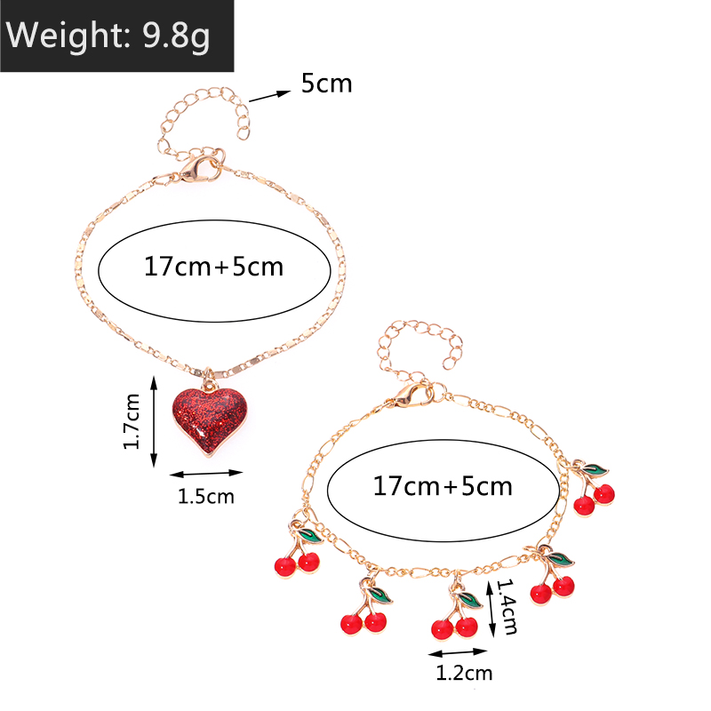 Fashion Ornament Sweet Cute Dripping Oil Heart Shaped Cherry Brace Lace Bracelet Set display picture 1