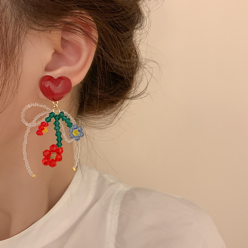 Fashion Blue Red Water Ripple Beaded Flower Bow Heart Women's Earrings display picture 4