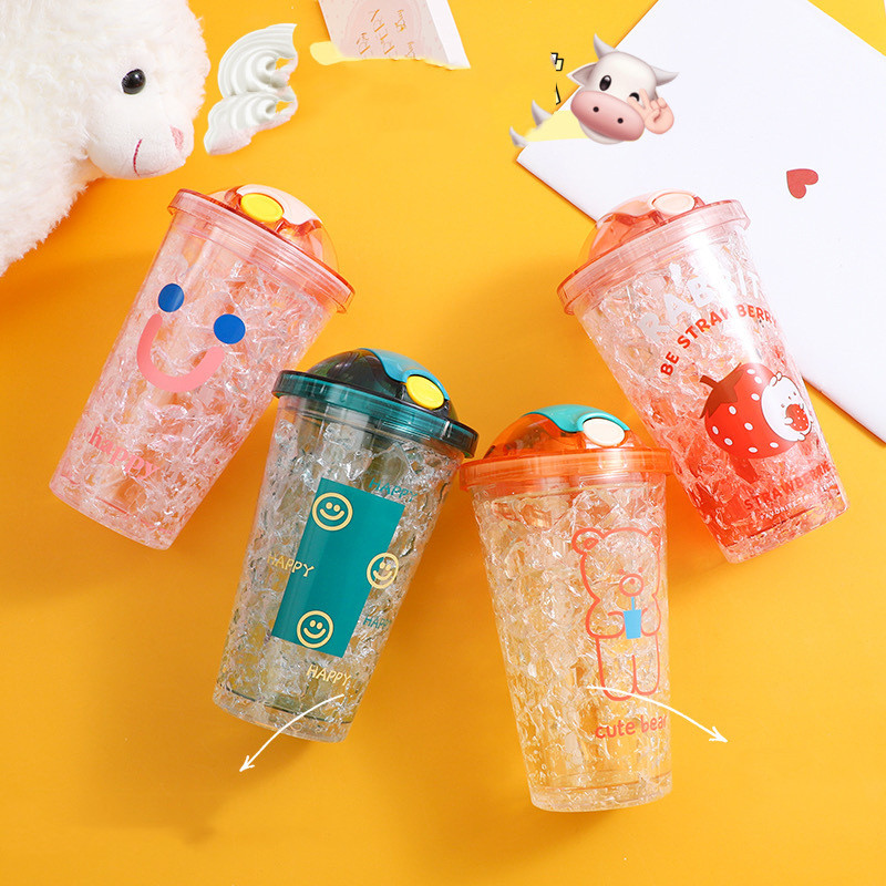 Cartoon Plastic Cup Cute Expression Printing Bounce Cup With Straw Girl Tumbler Ice Crushing Children Water Cup display picture 3