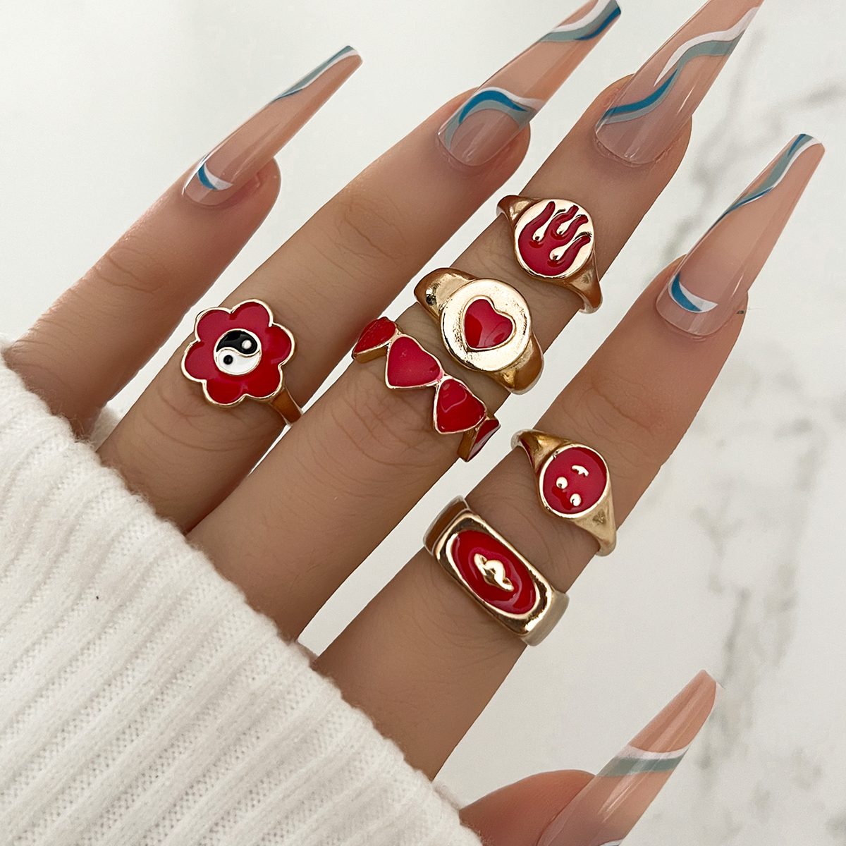 Fashion Creative Tai Ji Flower Heart Cherry Flame Ring 6-piece Set display picture 1