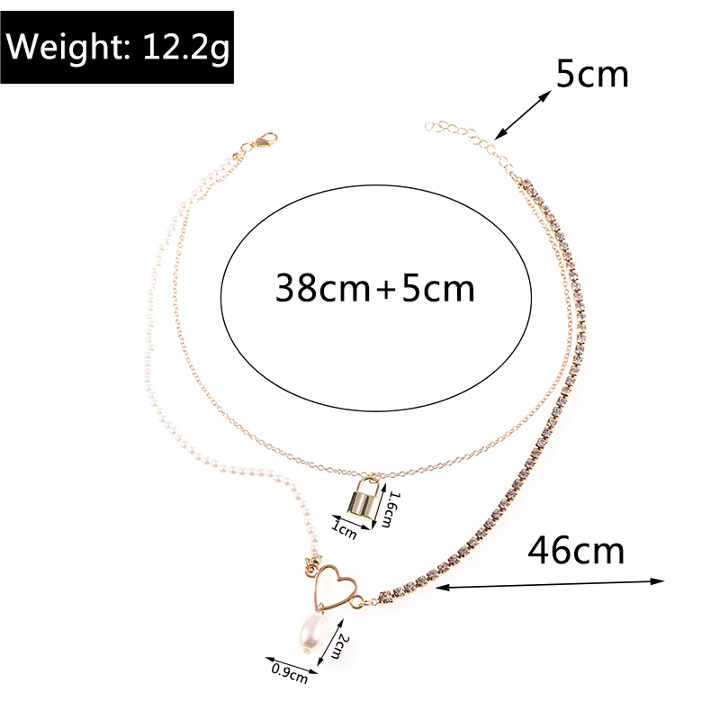 Mode Perle Stitching Kette Vorhängeschloss Anhänger Doppel-schicht Halskette display picture 1