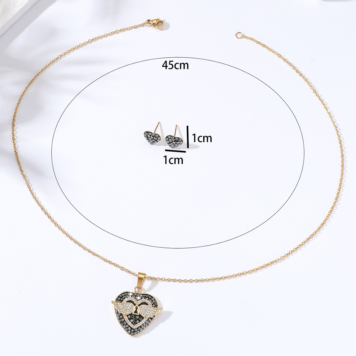New Fashion Simple 18k Gold Plated Heart Lock Wings Copper Necklace Earrings Set display picture 3