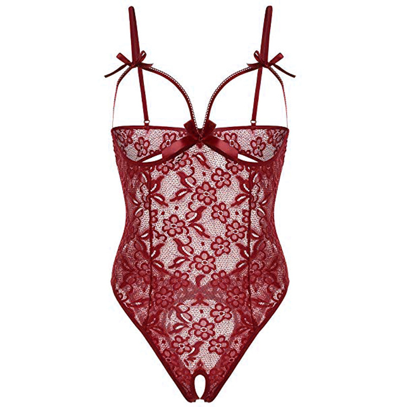 Europe And The United States New Sexy Lingerie Female Lace Sexy Hollow Open File Bow Sling Sexy Jumpsuit display picture 1