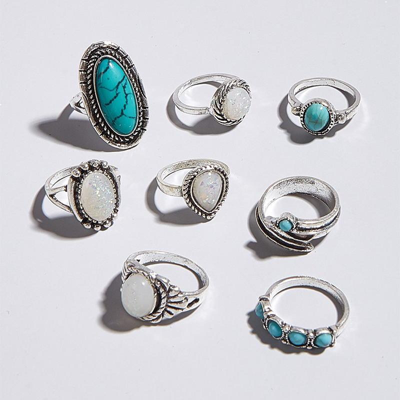 Vintage Alloy Inlaid Turquoise Geometric Ring Set Of 8 display picture 2