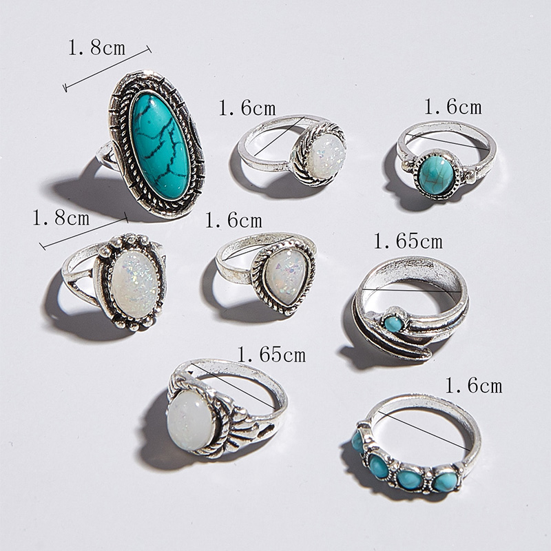 Vintage Alloy Inlaid Turquoise Geometric Ring Set Of 8 display picture 3