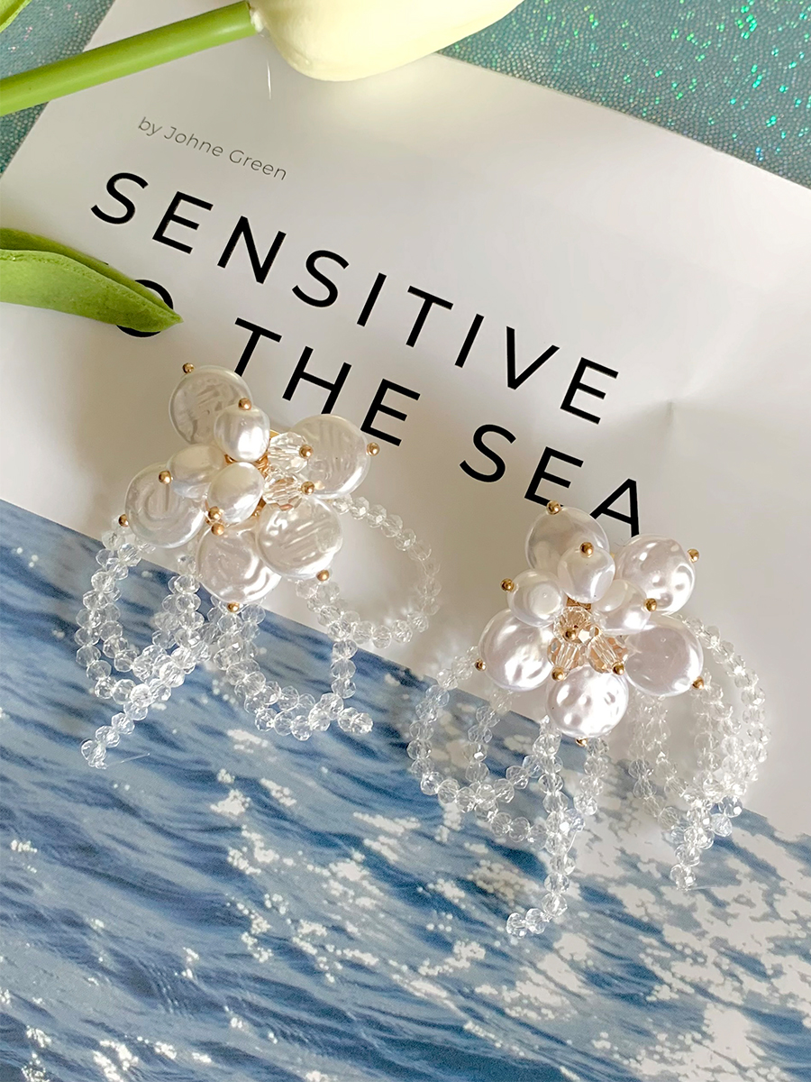 Fashion Simple Special-shaped Pearl Flower Earrings Crystal Tassel Earrings display picture 2