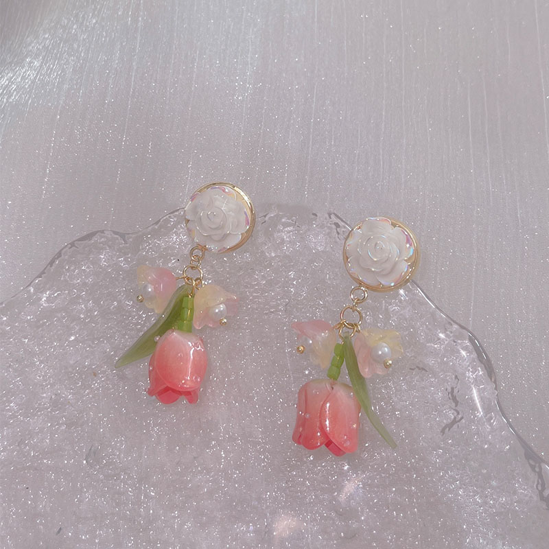 2022 New Fashion Pink Flowers Oil Painting Resin Eardrop Earring display picture 5