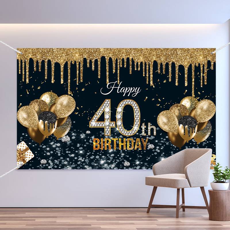 40-year-old Black Gold Birthday Background Fabric Birthday Banner display picture 2