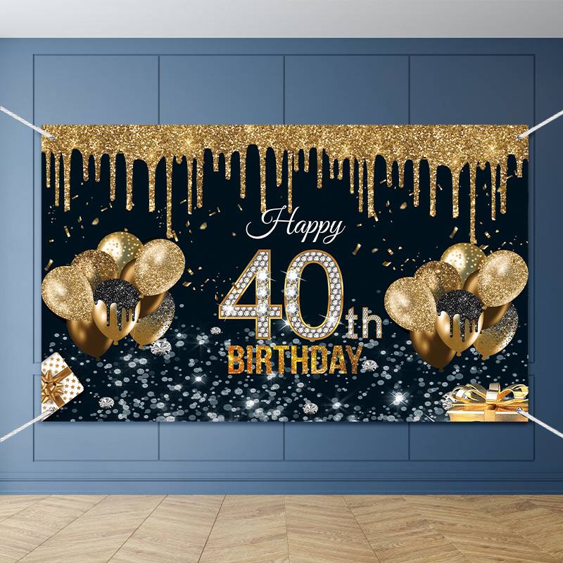 40-year-old Black Gold Birthday Background Fabric Birthday Banner display picture 3