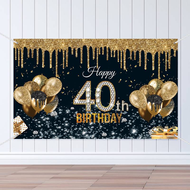 40-year-old Black Gold Birthday Background Fabric Birthday Banner display picture 4