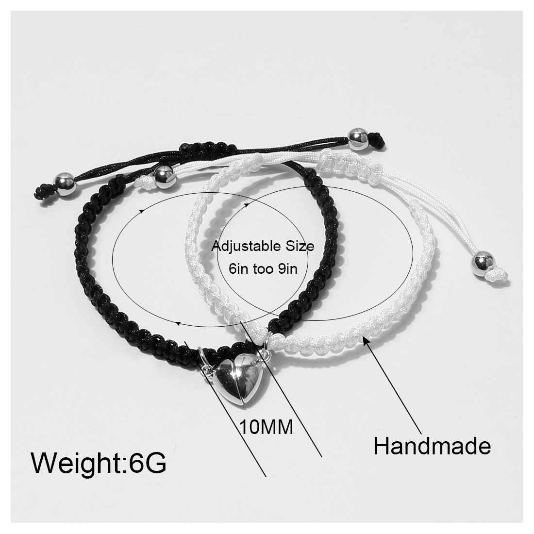 Fashion Heart-shaped Magnet Couple Woven Black And White Rope Adjustable Bracelet display picture 1