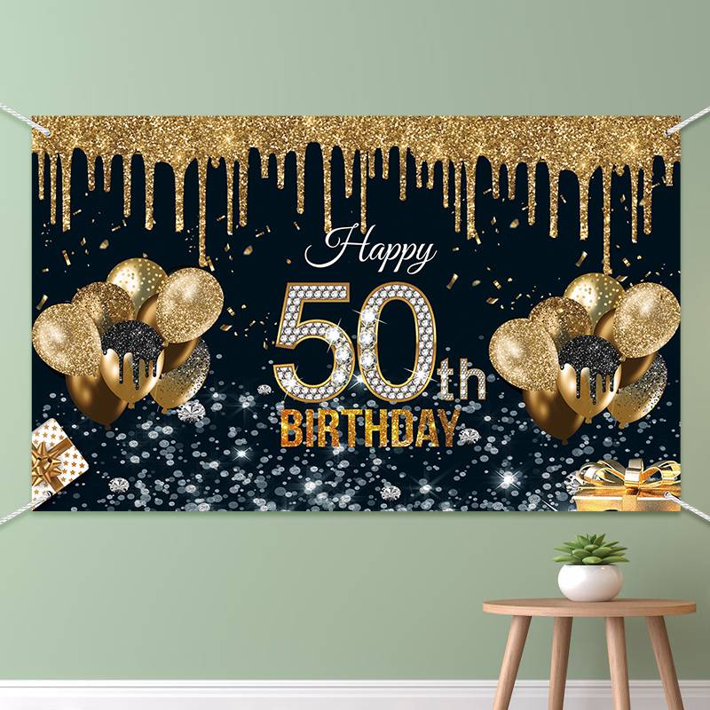 50-year-old Black Gold Birthday Background Fabric Birthday Banner display picture 3