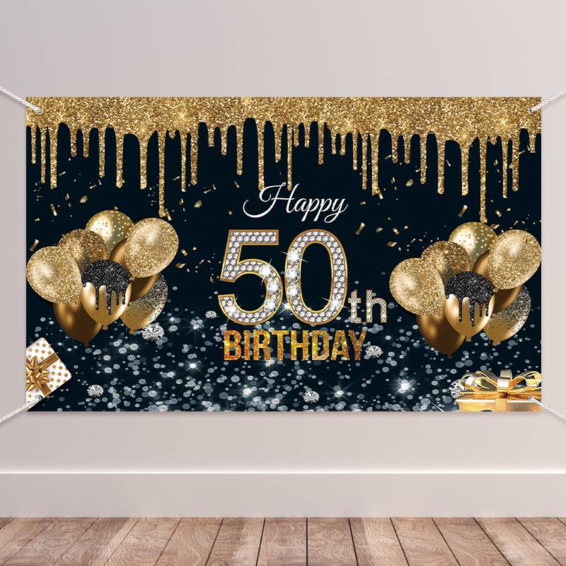 50-year-old Black Gold Birthday Background Fabric Birthday Banner display picture 4