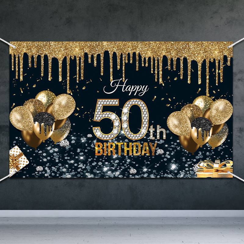 50-year-old Black Gold Birthday Background Fabric Birthday Banner display picture 5