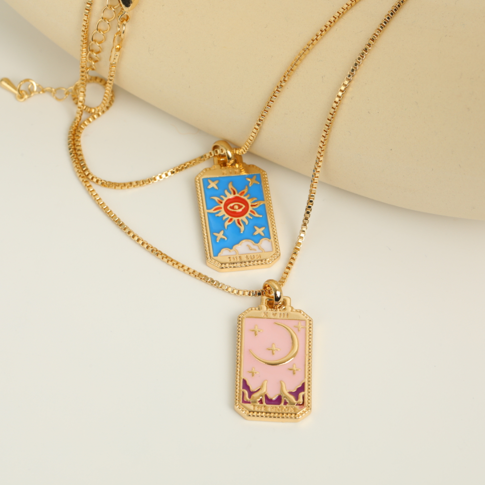 Retro Tarot Colorful Oil Dripping Necklace Square Gold-plated Copper Necklace Wholesale display picture 1