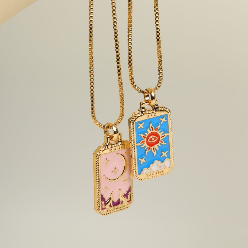 Retro Tarot Colorful Oil Dripping Necklace Square Gold-plated Copper Necklace Wholesale display picture 3