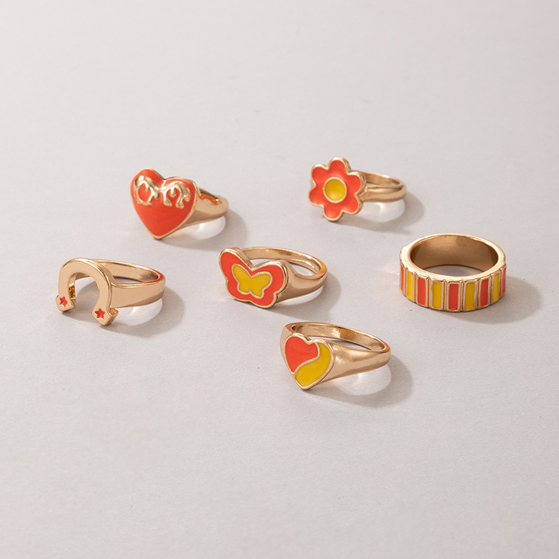 Fashion Color Contrast Heart Flower Butterfly Colorful Oil Dripping Ring Set display picture 3