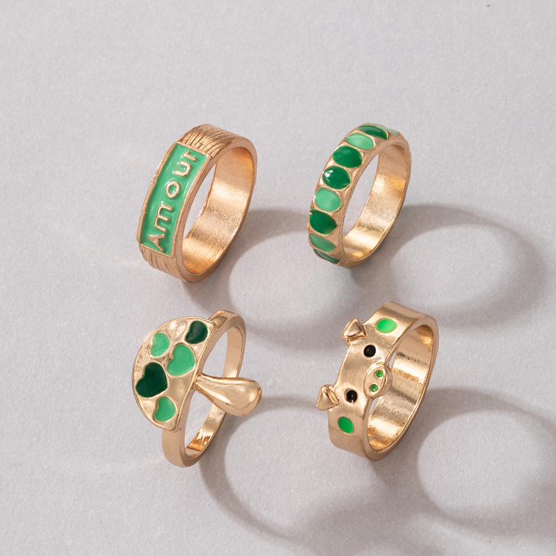 Simple Green Color Oil Dripping Pig Mushroom Geometric Ring Set display picture 4