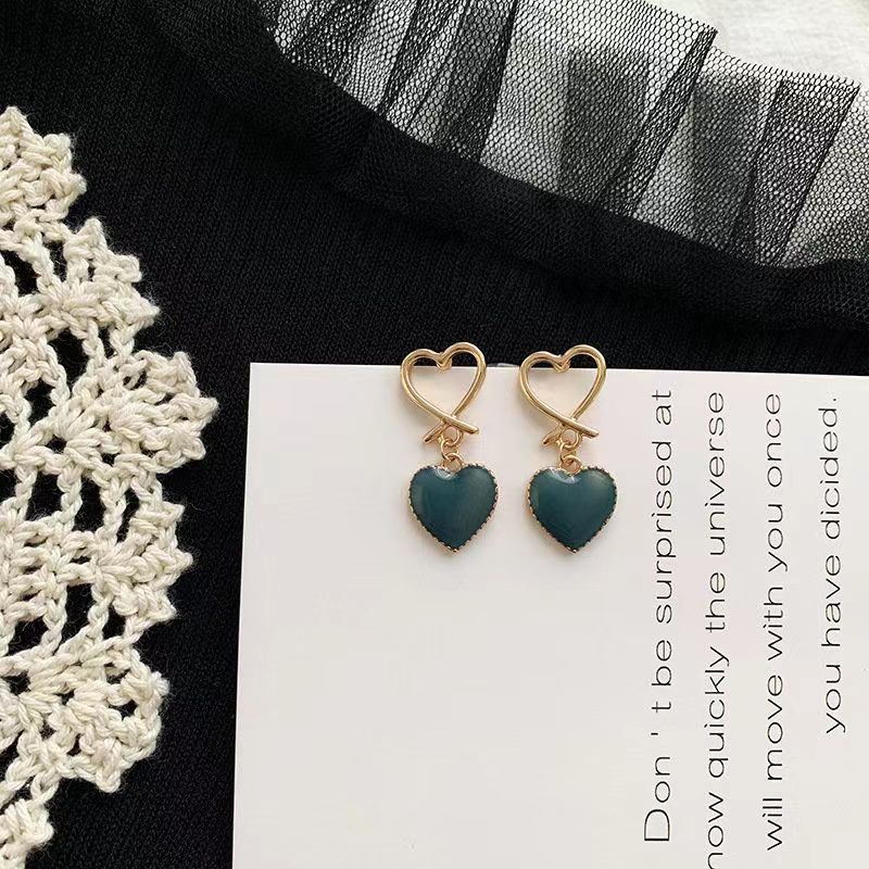 Fashion Simple Sweet Double Heart Shaped Dark Green Drop Oil Earrings display picture 2