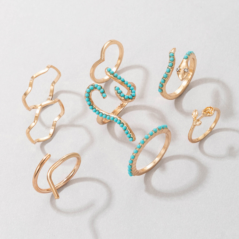 New Style Rose Snake-shaped Blue Turquoise Ring 8-piece Set display picture 4