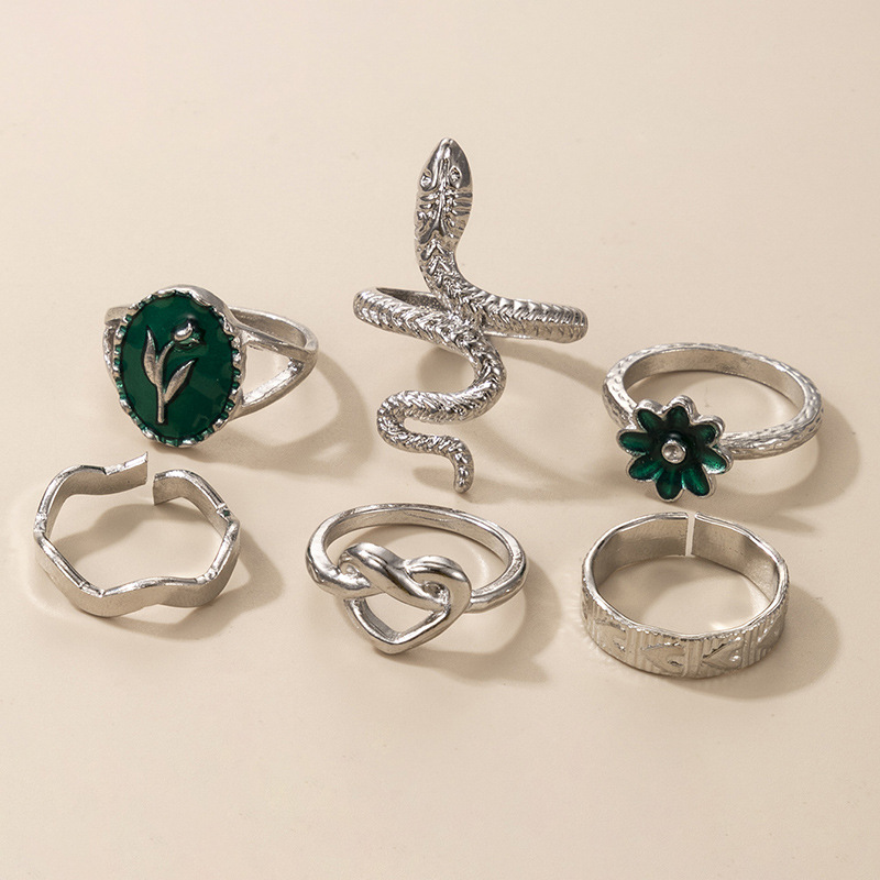 Vintage Snake Green Dripping Oil Color Flower Heart Ring 6-piece Set display picture 3