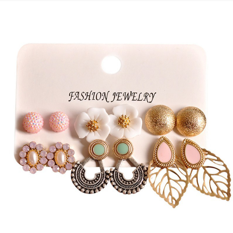 Fashion Ornament Gem Flower Leaves Alloy Ear Studs Set 6 Pairs display picture 1