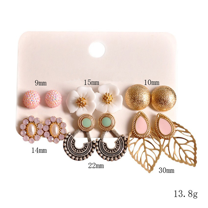 Fashion Ornament Gem Flower Leaves Alloy Ear Studs Set 6 Pairs display picture 2