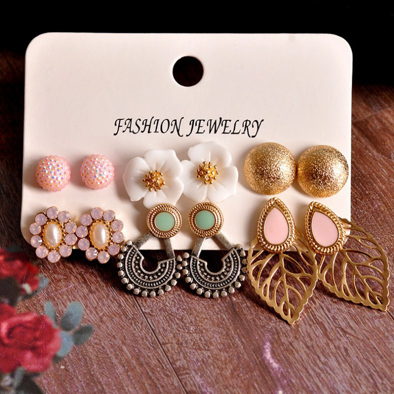 Fashion Ornament Gem Flower Leaves Alloy Ear Studs Set 6 Pairs display picture 4