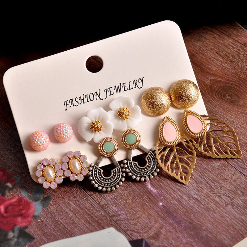 Fashion Ornament Gem Flower Leaves Alloy Ear Studs Set 6 Pairs display picture 5