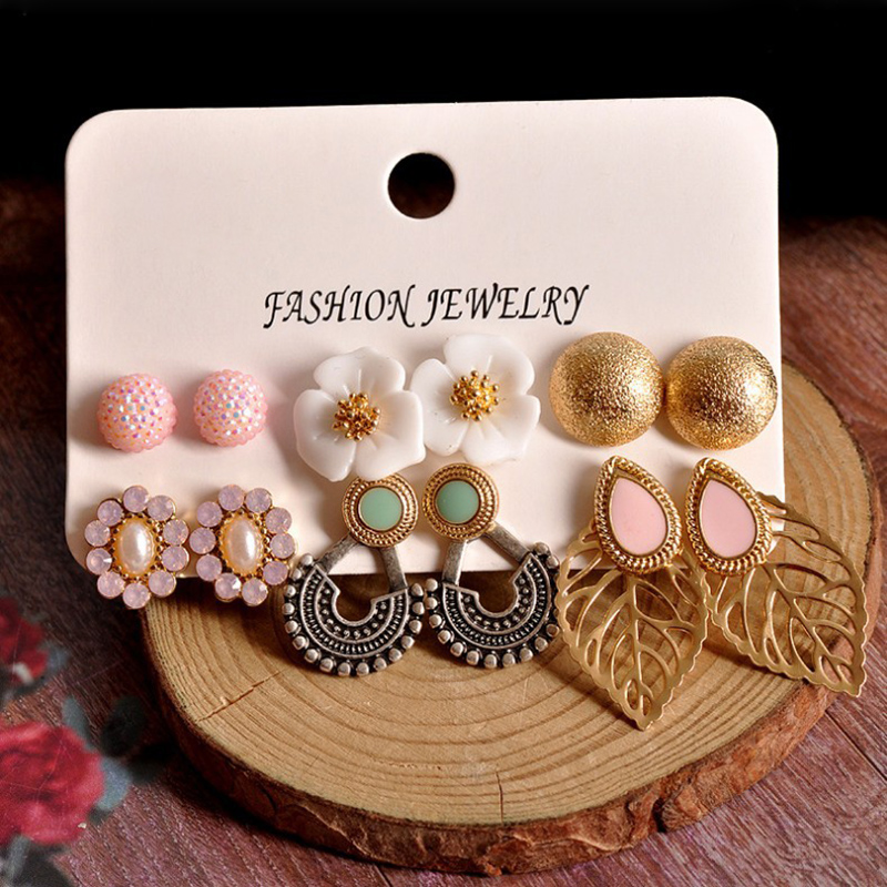 Fashion Ornament Gem Flower Leaves Alloy Ear Studs Set 6 Pairs display picture 6